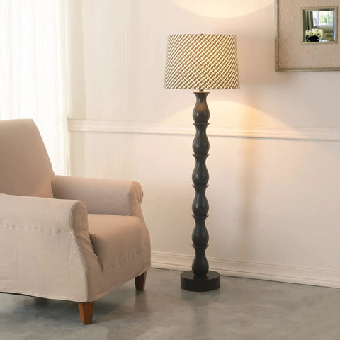 Modern Eclectic Floor Lamp With Oil Rubbed Bronze Finish, 58 Inch Tall, Brown And Cream Ikat Drum Shade, Tapered Shade