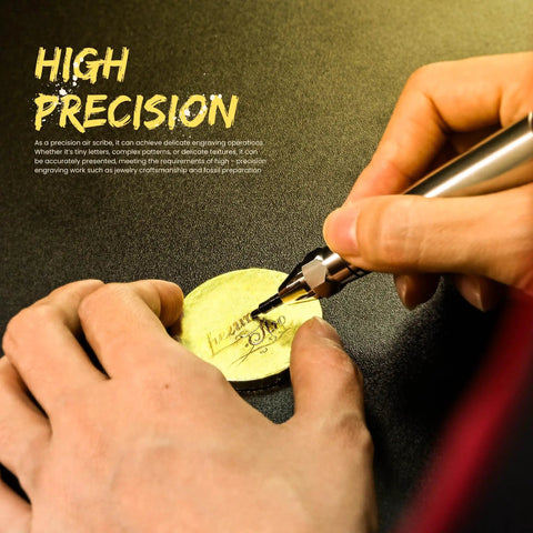 Hands using the Precision Pneumatic Engraving Pen And Air Scribe Tool For Metal Ceramic Glass Etching With Adjustable Speed on a metal surface.