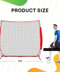 7x7 Ft Barricade Backstop Net for Baseball Softball Lacrosse Soccer Basketball Tennis, net with player and measurements