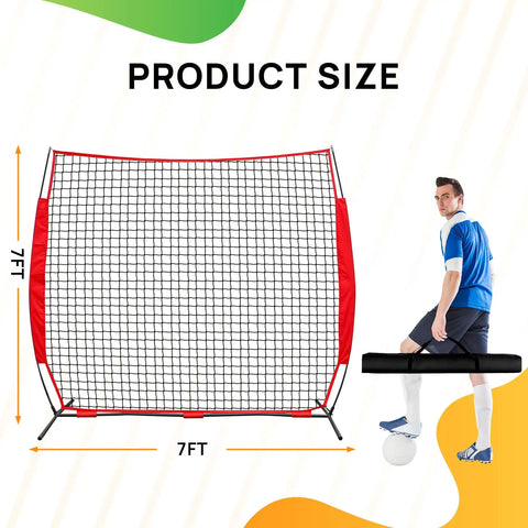 7x7 Ft Barricade Backstop Net for Baseball Softball Lacrosse Soccer Basketball Tennis, net with player and measurements