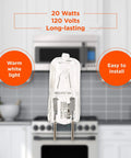 Two Pack 20W Halogen Appliance Light Bulbs That Replace GE Microwave Lights Fits WB36X10213 WB08X10050 WB36X10246 WB25X10019 Bi Pin 8mm Base Designed In USA For Reliable Microwave Lighting And Simple Install with warm white light description and easy install information shown in kitchen background