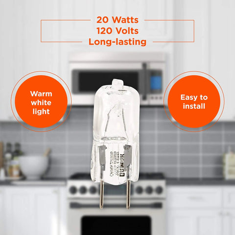 Two Pack 20W Halogen Appliance Light Bulbs That Replace GE Microwave Lights Fits WB36X10213 WB08X10050 WB36X10246 WB25X10019 Bi Pin 8mm Base Designed In USA For Reliable Microwave Lighting And Simple Install with warm white light description and easy install information shown in kitchen background