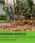 Person using 80V Brushless Cordless Leaf Blower With 770 CFM And 180 MPH Wind Commercial Grade Power For Heavy Leaves, gas-free.