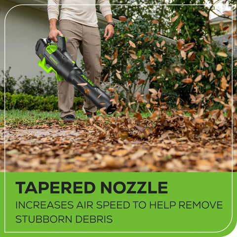 Person using 80V Brushless Cordless Leaf Blower With 770 CFM And 180 MPH Wind Commercial Grade Power For Heavy Leaves, gas-free.