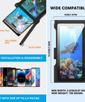 Universal Waterproof Phone Case Fits Iphone Samsung And Android With IP68 Protection Up To 50 Feet Deep For Underwater Filming Photos And Videos While Snorkeling Scuba Diving Or Swimming, showing dimensions and compatibility