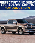Dodge RAM truck with text 'Perfect Fit and Great Appearance Add-on for Dodge RAM' in desert landscape