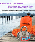 Double Sided Fishing Magnets 880 Lb Neodymium Magnet Kit With Rope Claw And Gloves on dock near lake