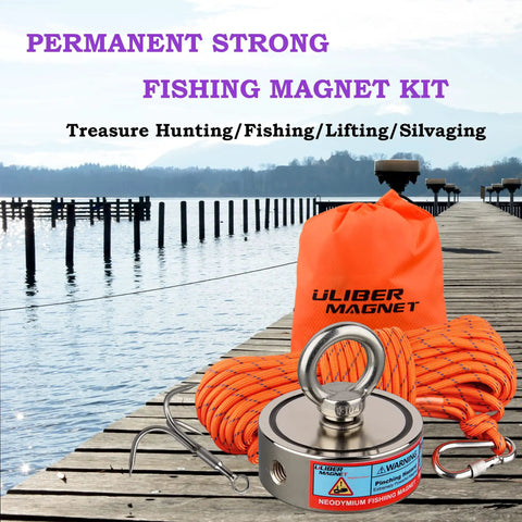 Double Sided Fishing Magnets 880 Lb Neodymium Magnet Kit With Rope Claw And Gloves on dock near lake