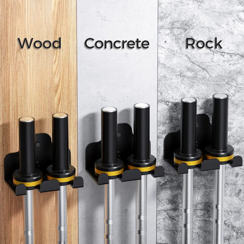 Dual Barbell Wall Rack For Garage Gym With Protective Padding installed on wood, concrete, and rock surfaces