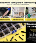 Roll Pin Assortment Kit 416 Pcs 13 Sizes From M1.5 To M6 Slotted Spring Steel Pins With Storage Case shown for various uses.