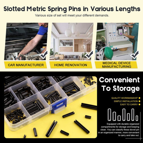 Roll Pin Assortment Kit 416 Pcs 13 Sizes From M1.5 To M6 Slotted Spring Steel Pins With Storage Case shown for various uses.