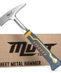 Pro Grade 18oz Sheet Metal Hammer for Tinners and HVAC Pros with Forged Steel Head and Ergonomic Handle next to branded box
