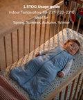 Sleeping baby in crib with IHDI Certified Hip Friendly Sleep Sack For Babies 0 To 6 Months With 1.5 Tog Wearable Blanket Blue.
