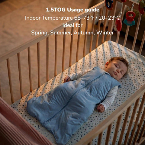 Sleeping baby in crib with IHDI Certified Hip Friendly Sleep Sack For Babies 0 To 6 Months With 1.5 Tog Wearable Blanket Blue.