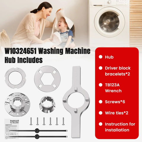 Washing Machine Hub Kit For Top Loaders With TB123A Spanner Wrench Fit For Whirlpool Maytag And Kenmore OEM Style Hub Replacement No Fuss Easy Install And Precise Fit, parts layout