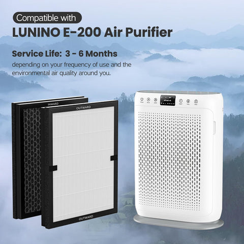2 Pack E-200 Air Filter Replacement for E-200 Purifier with 3 Stage Filtration beside the air purifier