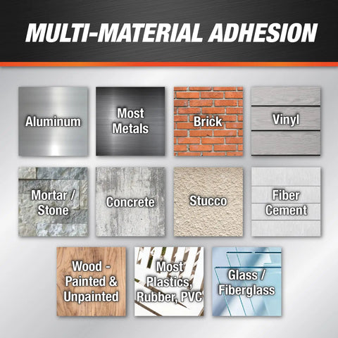 Multi-material adhesion chart for Gutter And Flashing Exterior Sealant Advanced Hybrid Polymer Waterproof Sealant Medium Gray 10.1 Oz.