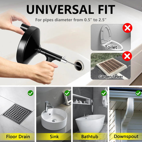 25 Ft Drain Auger Pro Plumbing Snake for bathroom sink, bathtub and kitchen drains shown with universal fit design.