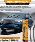 Straight Up Premium Windshield And Rear Wiper Blades For Ford Explorer 2011 To 2026, complete 3-pack set displayed on SUV.