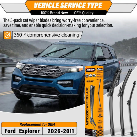 Straight Up Premium Windshield And Rear Wiper Blades For Ford Explorer 2011 To 2026, complete 3-pack set displayed on SUV.