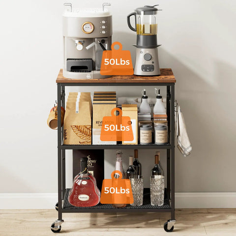 Smooth Rolling 3 Tier Kitchen Microwave Cart Sturdy Steel Build Easy Glide Casters Coffee Bar Station with drinks and appliances on top.