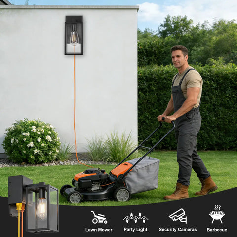 Man mowing lawn with Outdoor Motion Sensor Porch Light With Dual GFCI Outlets Dusk To Dawn Wall Light on house.