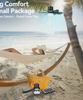 Portable Solar Ceiling Fan With Lights For Outdoor Use Off Grid Ready, 18.5 Inch Blade above hammock on beach