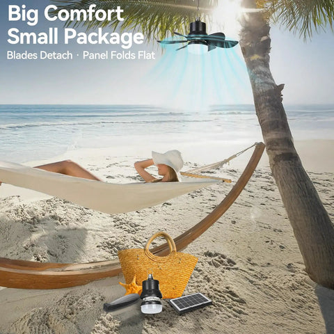Portable Solar Ceiling Fan With Lights For Outdoor Use Off Grid Ready, 18.5 Inch Blade above hammock on beach