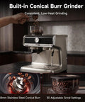 Top Tier Espresso Machine With Built In Conical Burr Grinder And Thirty Adjustable Levels showing coffee beans being ground.