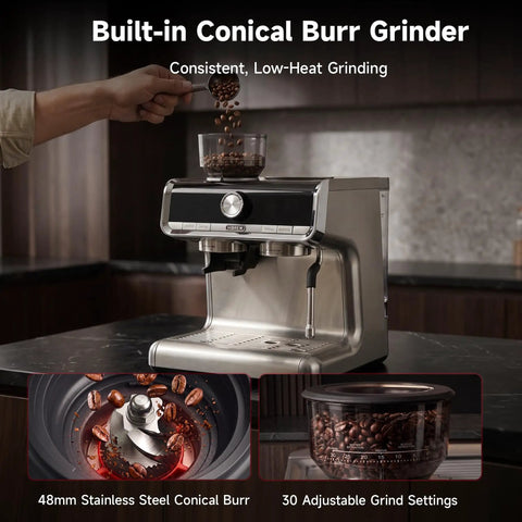 Top Tier Espresso Machine With Built In Conical Burr Grinder And Thirty Adjustable Levels showing coffee beans being ground.