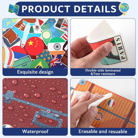 Product details of Bulletin Board Set With World Map Cutout, Travel Theme Icons, 14 National Flags, waterproof and erasable material