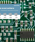 Resistor array on a PCB with Comprehensive EIA 0805 SMD Chip Resistor Kit For Pros With 72 Values From 0 Ohm To 10 Meg Ohm