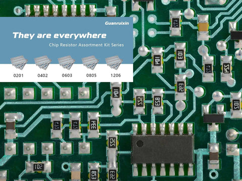 Resistor array on a PCB with Comprehensive EIA 0805 SMD Chip Resistor Kit For Pros With 72 Values From 0 Ohm To 10 Meg Ohm