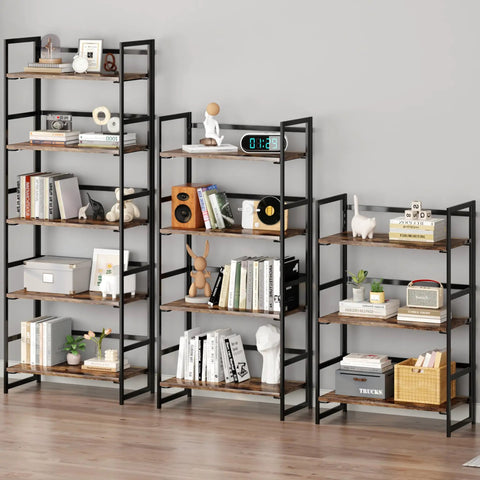 Vintage 5 Tier Folding Bookshelf With Heavy Duty Plant Stand And Zero Hassle Setup Multi Purpose Storage Rack Snap Together Shelf Organizer For Home Office College Dorm Living Room with books and decorations
