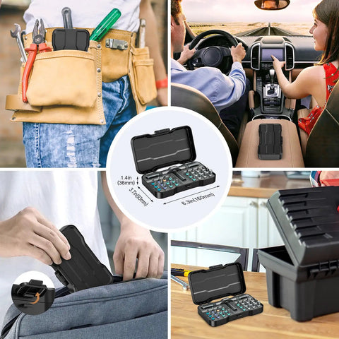 24 In 1 Magnetic Screwdriver Set With Detachable Ratchet Handle displayed in various usage scenarios and storage options.