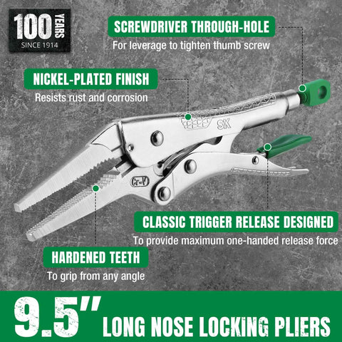 Long Nose Locking Pliers 9.5 Inch With Ergonomic Anti Slip Handle, Premium CRV Steel, Nickel Plated, heat-treated, classic trigger