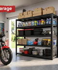 Heavy Duty Five Tier Garage Shelving Rack With 5000 Lbs Capacity Boltless Adjustable Metal Storage For Garage Warehouse Basement Shop Pantry 84 Inch High By 62 Inch Wide By 24 Inch Deep Black in garage with tools and bins