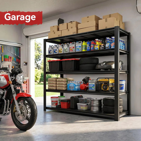 Heavy Duty Five Tier Garage Shelving Rack With 5000 Lbs Capacity Boltless Adjustable Metal Storage For Garage Warehouse Basement Shop Pantry 84 Inch High By 62 Inch Wide By 24 Inch Deep Black in garage with tools and bins
