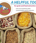 Variety of grains in burlap sacks with image of Powerful 500W Grain Suction System With 2m Screw Conveyor And Stainless Port for handling.