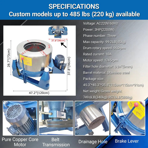 Industrial Centrifuge Dryer Machine For Solid Liquid Separation And Heavy-Duty Dehydration Featuring Built-Tough Stainless Drum And Zero-Wobble Cast Base For Biomass Oil Extraction Metal Parts And Textile Spin Drying 220 Volt specifications diagram with dimensions and features.