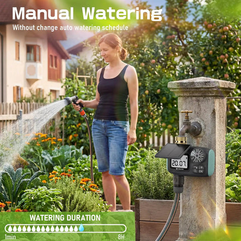 Solar Powered Hose Timer With Brass Swivel Programmable Sprinkler Timer Set It And Forget It For Garden And Lawn Rain Delay Manual And Auto Modes Drip Irrigation Ready Outdoor Yard Irrigation System installed on faucet