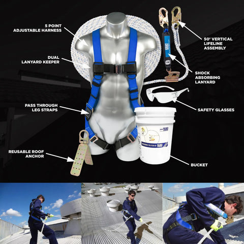 Safety Harness With 50ft Vertical Rope And Anchor Set For Roofers And Construction Pros Fall Arrest Kit displayed with components
