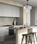 Modern Crystal Chandelier for Dining Room and Living Room in kitchen setting, black round pendant light fixture above island.