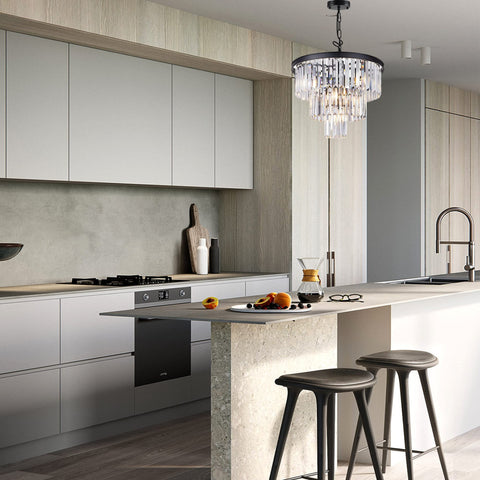 Modern Crystal Chandelier for Dining Room and Living Room in kitchen setting, black round pendant light fixture above island.