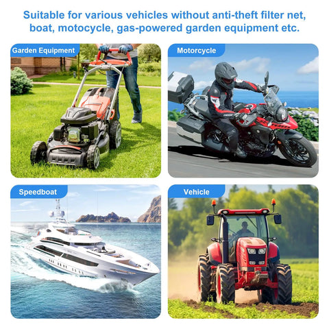 Various vehicles including lawnmower, motorcycle, speedboat, and tractor, showcasing use for Three Eighths Inch Boat Primer Bulb For Outboard Motors Universal Carburetor Compatible Fuel Line Hand Prime Pump Black Rubber Fuel Transfer Vacuum Pump For Gasoline Diesel And Water.
