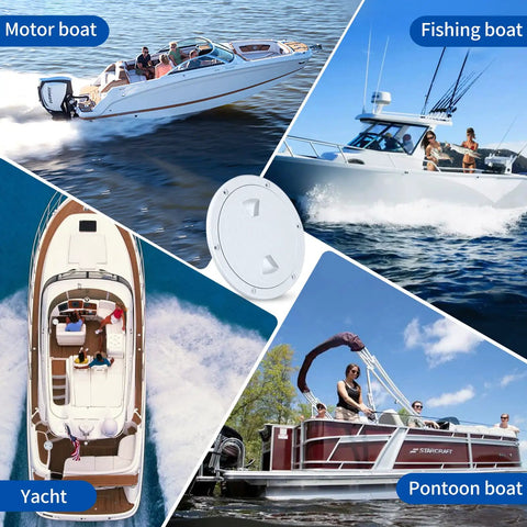 Round Non Slip Boat Hatch With Detachable Cover Waterproof ABS Marine Access Hatch For Boats and Yachts, displayed with various boats on water.