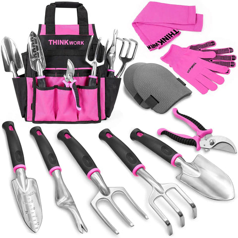 Pink Garden Tools Set For Women With 2 In 1 Detachable Storage Bag Including Trowel Transplanter Rake Weeder Cultivator Pruning Shears Gloves Sleeves Knee Pads A Must Have Gift For Garden Lovers displayed with tools and gloves