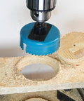 Open Slot Hole Saw Kit With Double Ground Teeth 21 Piece Drill Bit Set in action on plywood