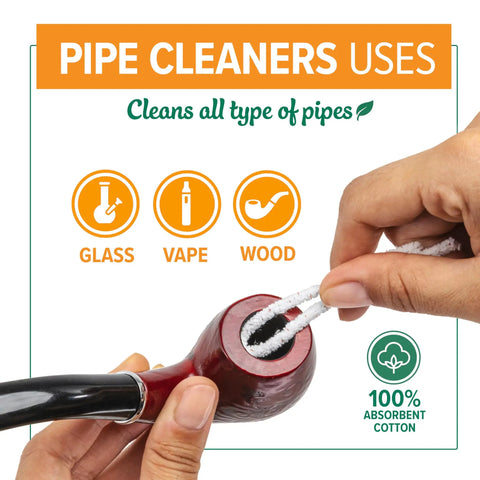 Heavy Duty Pipe Cleaners Tool Set 132 Hard Bristle Scrubbers Bulk Pack in use for cleaning a wooden pipe with cotton cleaners