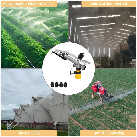 360 Degree Rain Gun Sprinkler With One And A Half Inch FNPT Connection Full Circle Impact Sprinkler With Four Interchangeable Nozzles in various applications such as agriculture, dust removal, cooling, and pesticide spraying.